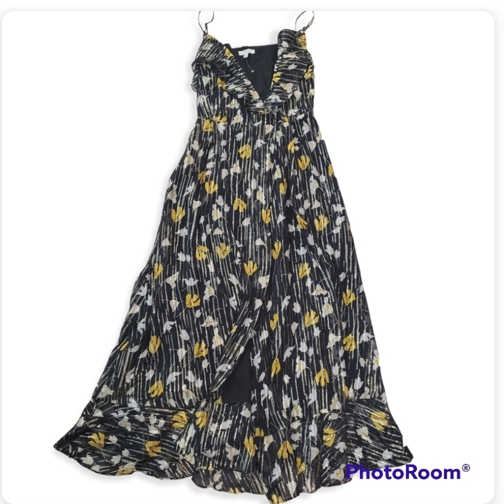 Joie Kenny Silk Blend Floral Metallic Stripe Ruffle Wrap Maxi Dress Sz S - Picture 9 of 14